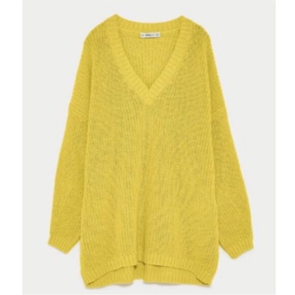 Zara Oversized Yellow Knit V-Neck Sweater - Picture 2 of 11